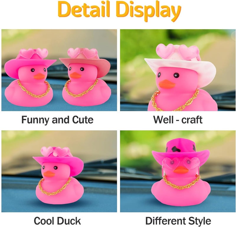 wonuu Car Cowboy Rubber Ducks, Dashboard Decorations Pink Duck for Car Ornament Accessories with Hat Heart Glasses Chain, Pink White - Image 4